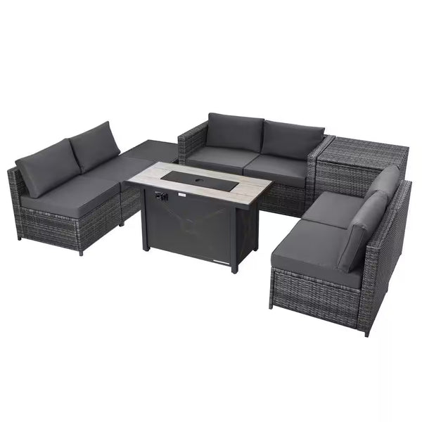 9-Pieces Patio Rattan Furniture Set Fire Pit Table Storage Grey with Cover Grey