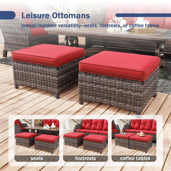 5-Piece Wicker Outdoor Patio Seating Set Sectional Sofa with Swivel Rocking Chair, Ottomans and Red Cushions