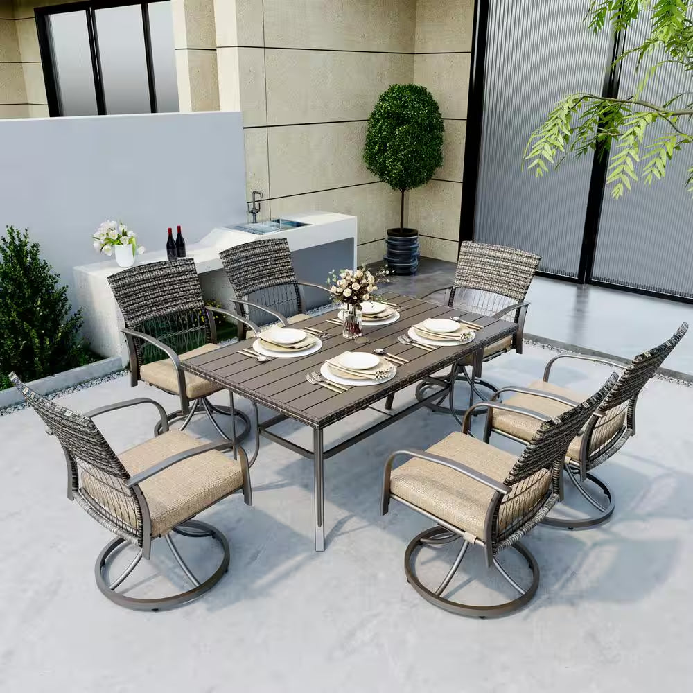 7-Piece Metal Patio Outdoor Dining Set with Rectangle Table and Rattan Swivel Chairs with Beige Cushion