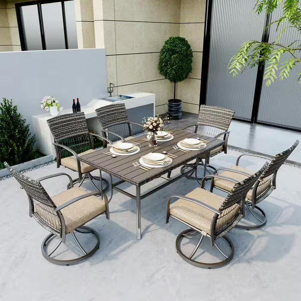 7-Piece Metal Patio Outdoor Dining Set with Rectangle Table and Rattan Swivel Chairs with Beige Cushion