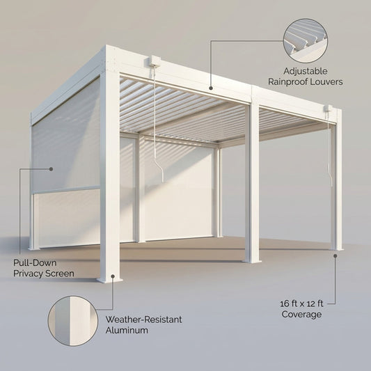 Louvered Pergola with Panel Pull-Down Screen, Outdoor Aluminum Pergola with Adjustable Rainproof Roof for Hot Tub and Patio Deck Backyard — Lifestyle
