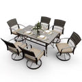7-Piece Metal Patio Outdoor Dining Set with Rectangle Table and Rattan Swivel Chairs with Beige Cushion