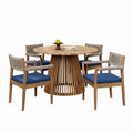 5-Piece Outdoor Patio Dining Table Set with Rope Armchairs & Navy Cushions, Light Teak+Beige