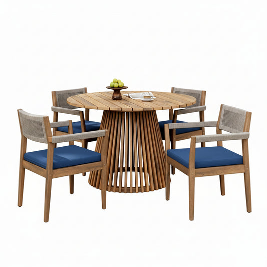 5-Piece Outdoor Patio Dining Table Set with Rope Armchairs & Navy Cushions, Light Teak+Beige