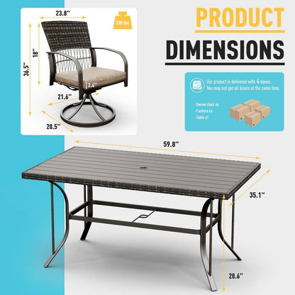 7-Piece Metal Patio Outdoor Dining Set with Rectangle Table and Rattan Swivel Chairs with Beige Cushion