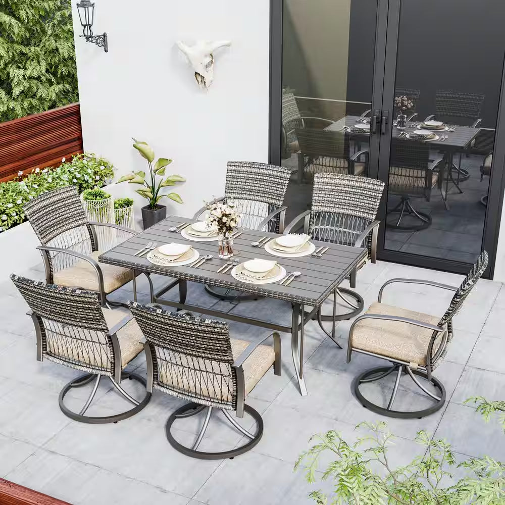 7-Piece Metal Patio Outdoor Dining Set with Rectangle Table and Rattan Swivel Chairs with Beige Cushion
