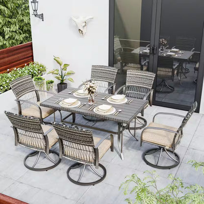 7-Piece Metal Patio Outdoor Dining Set with Rectangle Table and Rattan Swivel Chairs with Beige Cushion