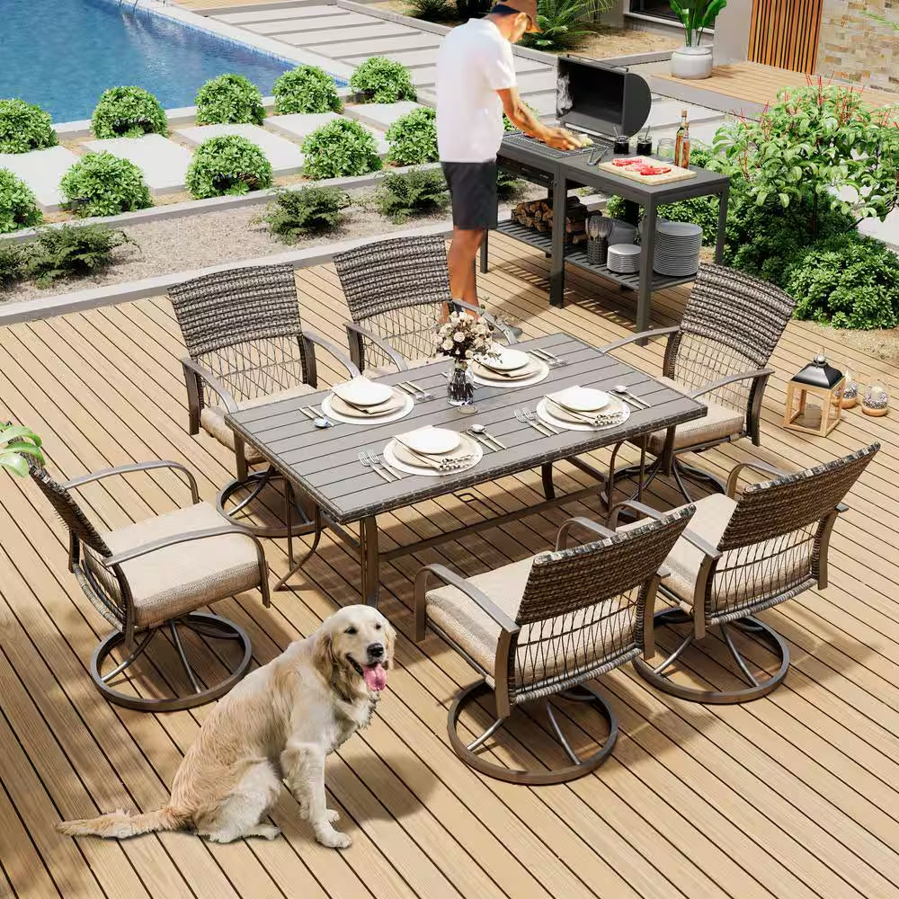 7-Piece Metal Patio Outdoor Dining Set with Rectangle Table and Rattan Swivel Chairs with Beige Cushion