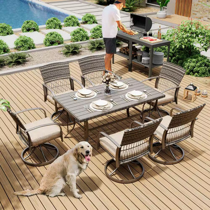 7-Piece Metal Patio Outdoor Dining Set with Rectangle Table and Rattan Swivel Chairs with Beige Cushion