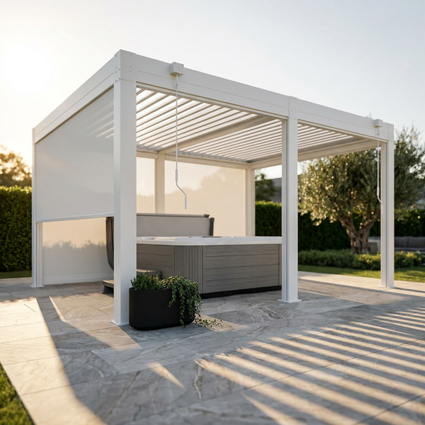 Louvered Pergola with Panel Pull-Down Screen, Outdoor Aluminum Pergola with Adjustable Rainproof Roof for Hot Tub and Patio Deck Backyard